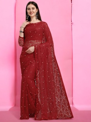 Nexafashion Self Design Bollywood Net Saree(Maroon)