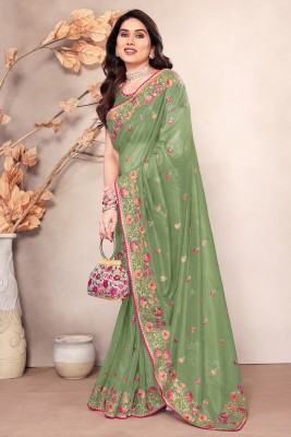 Mikhushop Embroidered Bollywood Supernet Saree(Light Green)