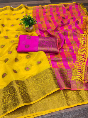 VAKHARIYAFAB Woven, Solid/Plain Bollywood Cotton Silk, Pure Silk Saree(Yellow)