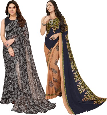 kashvi sarees Floral Print, Polka Print, Ombre, Printed Bollywood Georgette Saree(Pack of 2, Dark Blue, Beige, Black)