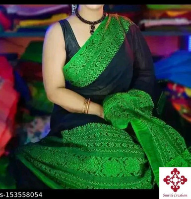 SMRITI HANDLOOM Solid/Plain Handloom Cotton Blend Saree(Black)