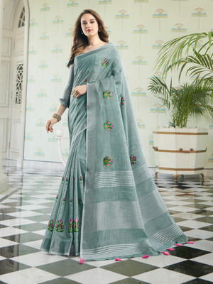 Divastri Embroidered Handloom Linen Saree(Light Green)