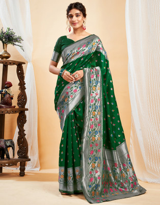 Samah Woven, Embellished Paithani Silk Blend, Jacquard Saree(Green, Silver)