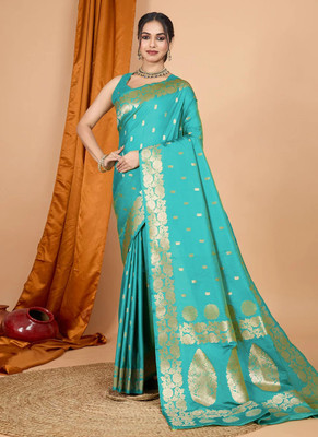 NS WORLD Geometric Print, Woven Banarasi Silk Blend Saree(Dark Green)