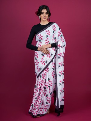 BUTA BUTI Floral Print Daily Wear Pure Cotton Saree(White)