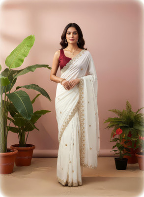 Dori Embroidered Bollywood Chiffon Saree(White)