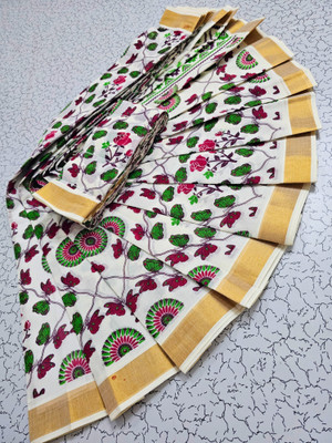Kjs Floral Print, Printed Kasavu Pure Cotton Saree(Multicolor)