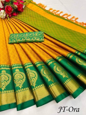 A To Z Cart Woven Banarasi Pure Silk Saree(Yellow, Green)