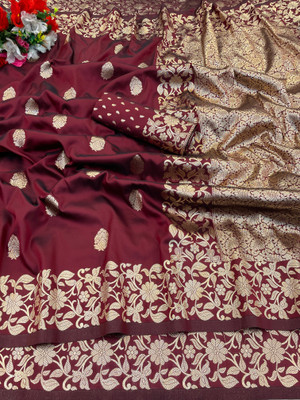 KanjiQueen Woven, Self Design Banarasi Silk Blend, Pure Silk Saree(Maroon)