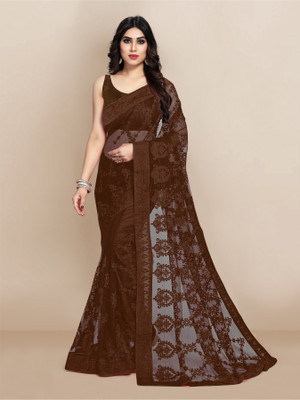 JIVI CLOTHING Solid/Plain, Embroidered Bollywood Net Saree(Brown)