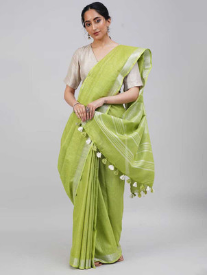 Hatha Karagha Solid/Plain Bhagalpuri Cotton Linen Saree(Light Green)