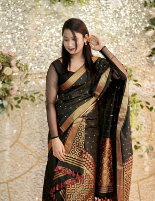 Bhagwati Self Design Mekhela Chador Polyester Saree(Black)