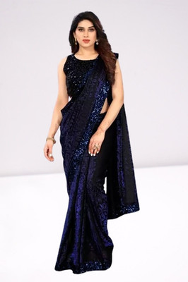 Vragi Embroidered Bollywood Lycra Blend Saree(Blue)