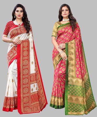 Priyashi Printed, Digital Print, Self Design Kalamkari Art Silk Saree(Pack of 2, Red, Pink)