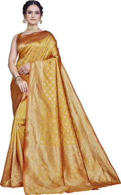 SHRIMAY Self Design Banarasi Silk Blend, Jacquard Saree(Gold)