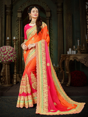 MANOHARI Embroidered Bollywood Chiffon Saree(Orange)