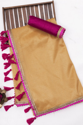 Julee Solid/Plain Bollywood Net Saree(Gold)