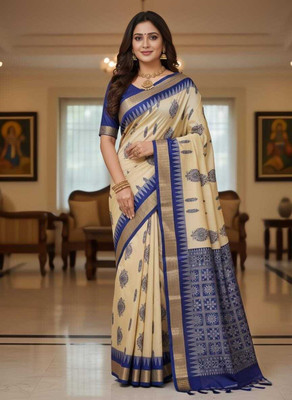 LYANNA Temple Border Sambalpuri Handloom Art Silk Saree(Cream)