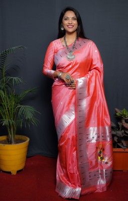 OFLINE SELECTION Woven Paithani Silk Blend Saree(Pink)
