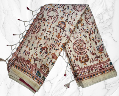 Praaj Printed Madhubani Jute Silk Saree(Multicolor)