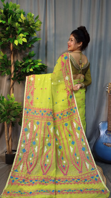 OWALID Embroidered Jamdani Cotton Linen Saree(Multicolor)