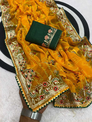Kstabhanjan Embroidered, Printed Bandhani Georgette Saree(Yellow)
