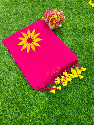 TutunDebnath Hand Painted Handloom Cotton Blend Saree(Pink)