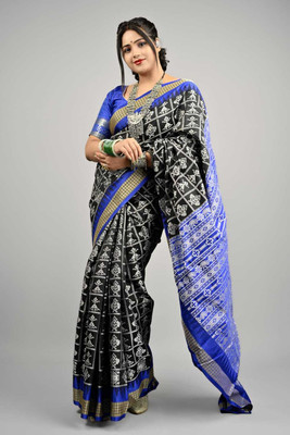 Sijileen Woven, Temple Border Sambalpuri Silk Blend Saree(Black)