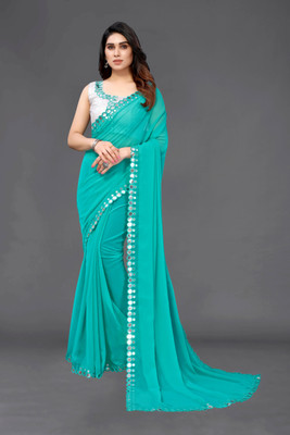 Vivan Fab Embellished Banarasi Chiffon, Georgette Saree(Light Blue)