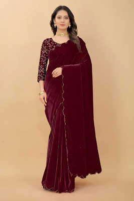 QUEDDY'S Embroidered Bollywood Velvet Saree(Maroon)