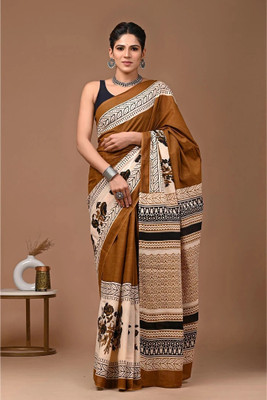 HouseOfCommon Floral Print Daily Wear Pure Cotton Saree(Brown)