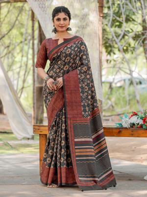 Sareemall Printed Hand Batik Silk Blend Saree(Black)