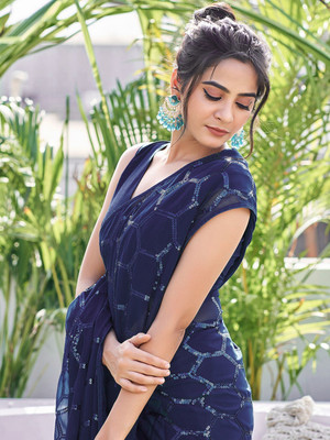 Clemira Embroidered Bollywood Georgette Saree(Blue)