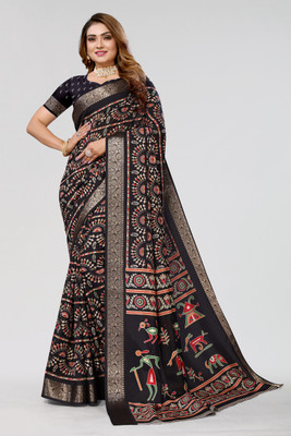 Winza Designer Geometric Print Daily Wear Cotton Silk Saree(Black)