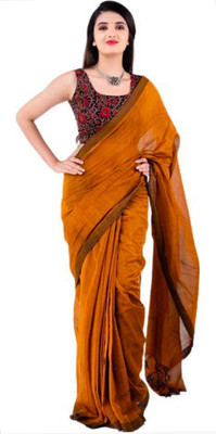 BRYNBRIT Solid/Plain Handloom Pure Cotton, Viscose Rayon Saree(Orange)