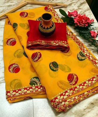 EVERYDAY CREATION Printed Bollywood Georgette Saree(Yellow)
