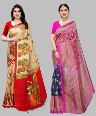 YASHIKA Printed, Self Design Kalamkari Art Silk Saree(Pack of 2, Brown, Blue)