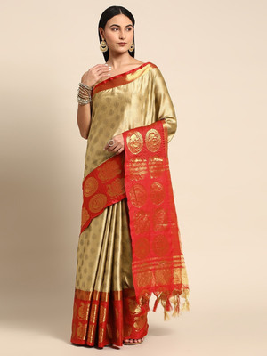 HouseOfCommon Woven, Checkered, Embellished, Self Design Banarasi Jacquard, Cotton Silk Saree(Beige, Red)
