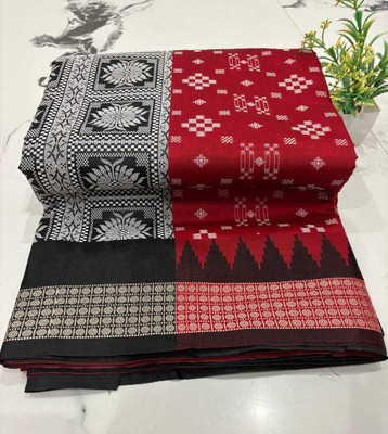 Aparna Temple Border, Floral Print Sambalpuri Art Silk Saree(Red)