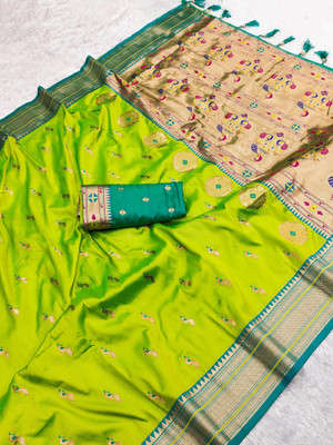 PANZORA Woven Paithani Cotton Silk Saree(Light Green)