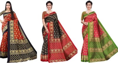 Vimalnath Synthetics Printed Mysore Art Silk Saree(Pack of 3, Red, Pink)