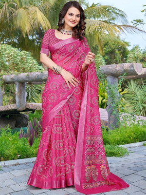ANOUK Printed Daily Wear Linen Saree(Pink)