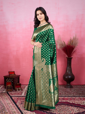 SIDDHESHWAR Self Design Assam Silk Lycra Blend Saree(Green)