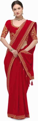 zebby fashion house Embroidered Bollywood Silk Blend Saree(Red)