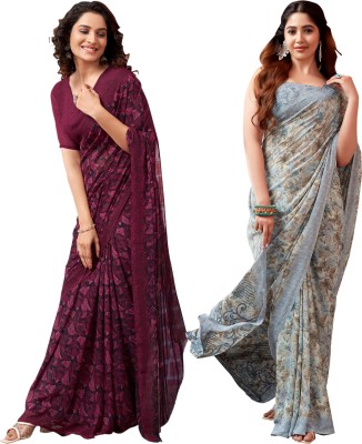 Samah Geometric Print, Printed Daily Wear Georgette Saree(Pack of 2, Purple, Brown, Multicolor)