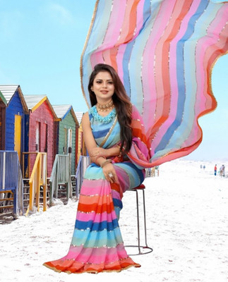 GAVUBAA Printed, Digital Print, Striped Bollywood Georgette Saree(Multicolor)