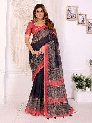 BINAKA FASHION Printed, Paisley, Geometric Print Daily Wear Chanderi Saree(Black, Pink)
