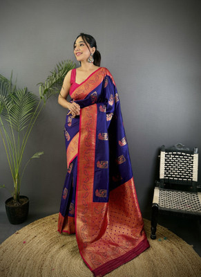 LeeliPeeri Designer Printed Banarasi Cotton Silk Saree(Dark Blue)
