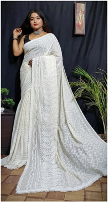 BBSaree Embellished Lucknow Chikankari Cotton Blend Saree(White)