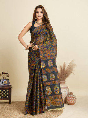 SHANVIKA Printed Daily Wear Pure Cotton Saree(Black, Gold)